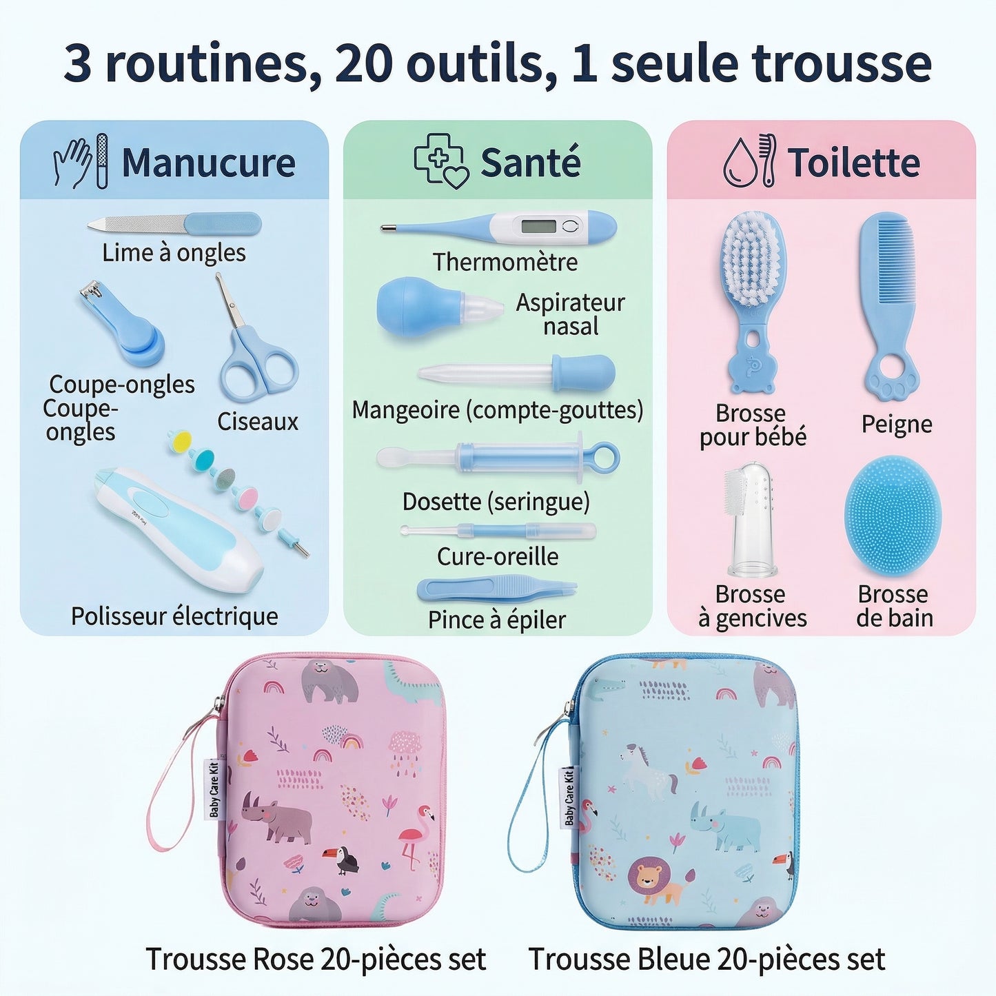 Accessoires de soin bébé : thermomètre, ciseaux à bouts ronds et brosses Securidou