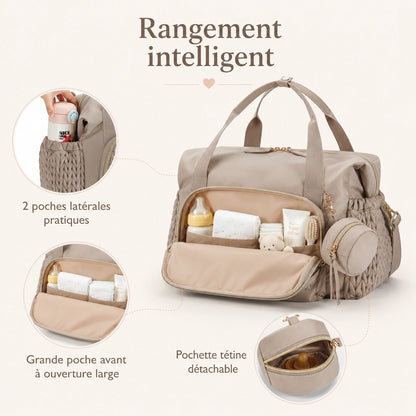 Rangement du sac à langer maternité : grande poche avant, 2 poches latérales et pochette tétine détachable