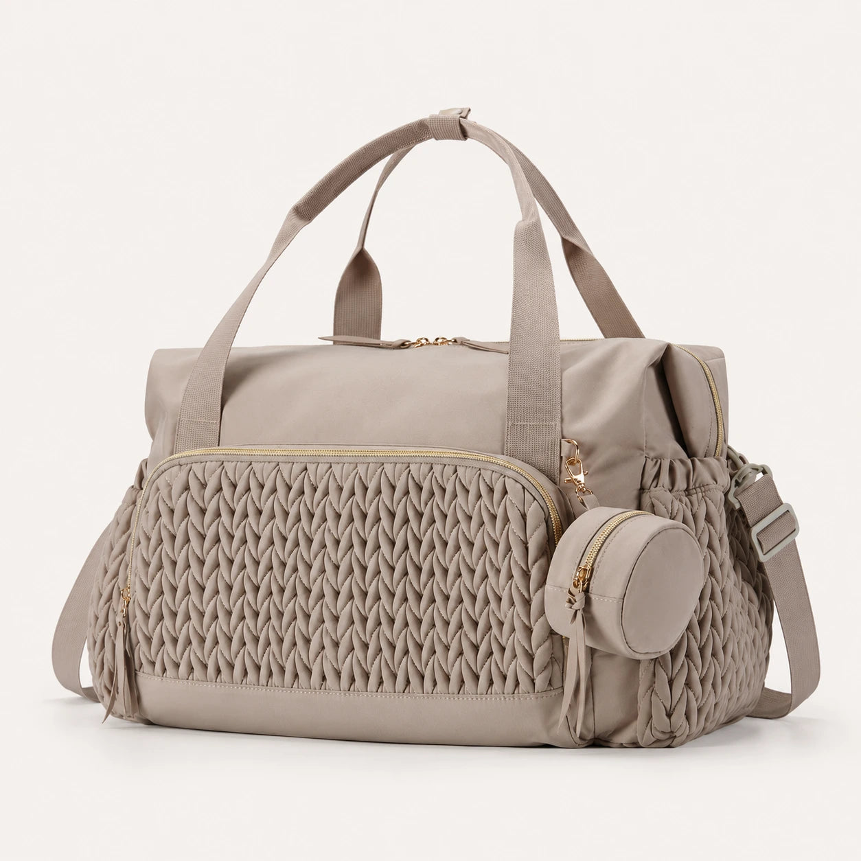 Sac à langer maternité Securidou coloris taupe, vue trois-quarts avec poignées renforcées et pochette tétine