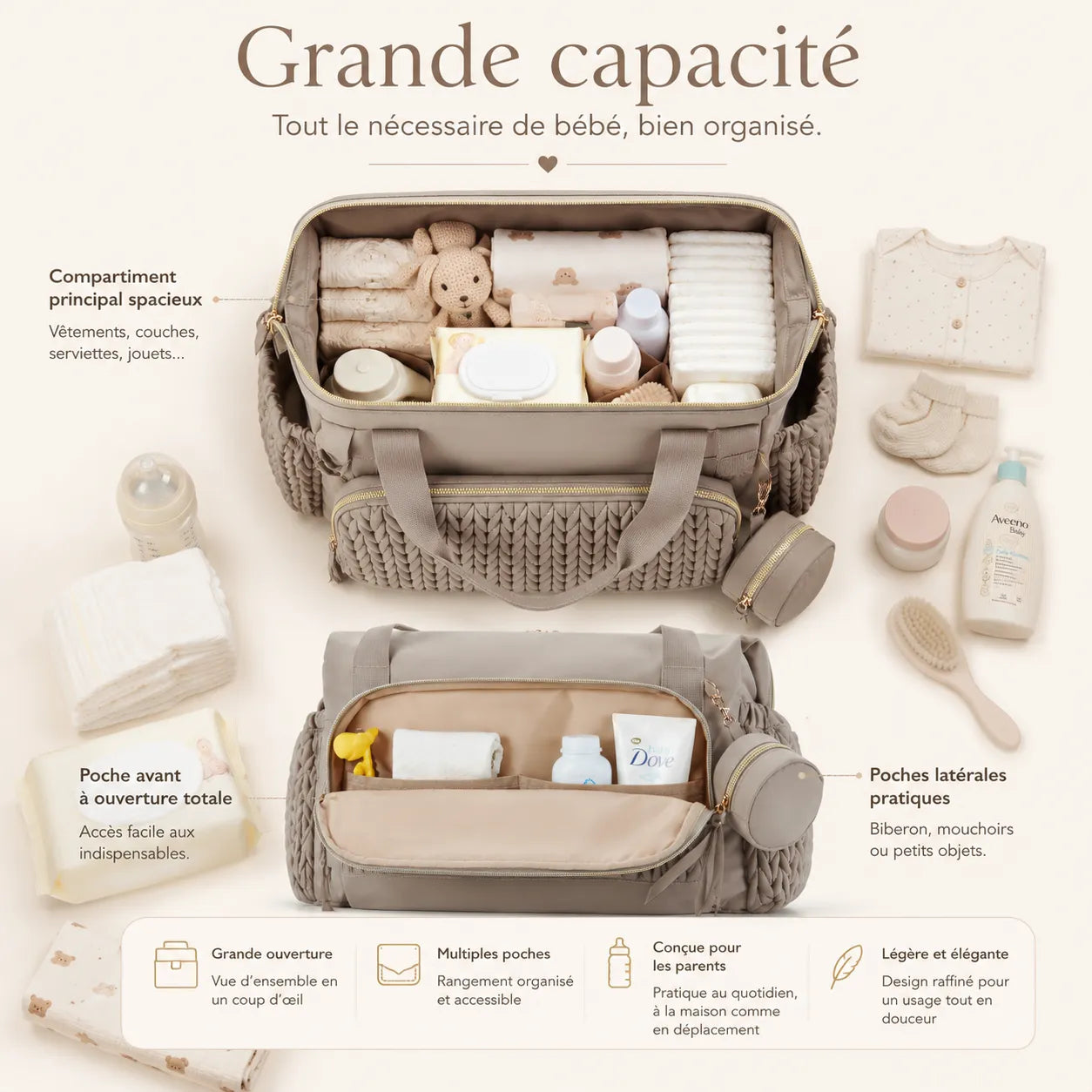 Sac à langer maternité ouvert, rempli d'affaires de bébé (vêtements, couches, biberon, soins) — grande capacité