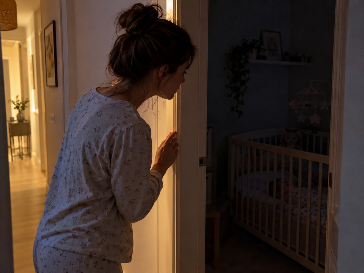 Parent qui entrouvre la porte de la chambre de bébé dans le noir