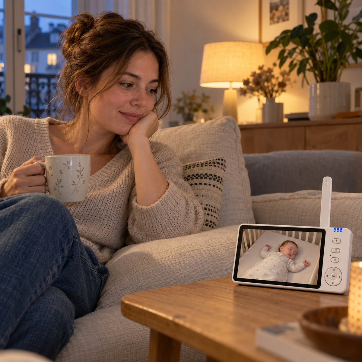 Parent sur le canapé le soir, écran du babyphone sans Wi-Fi Securidou montrant son bébé endormi