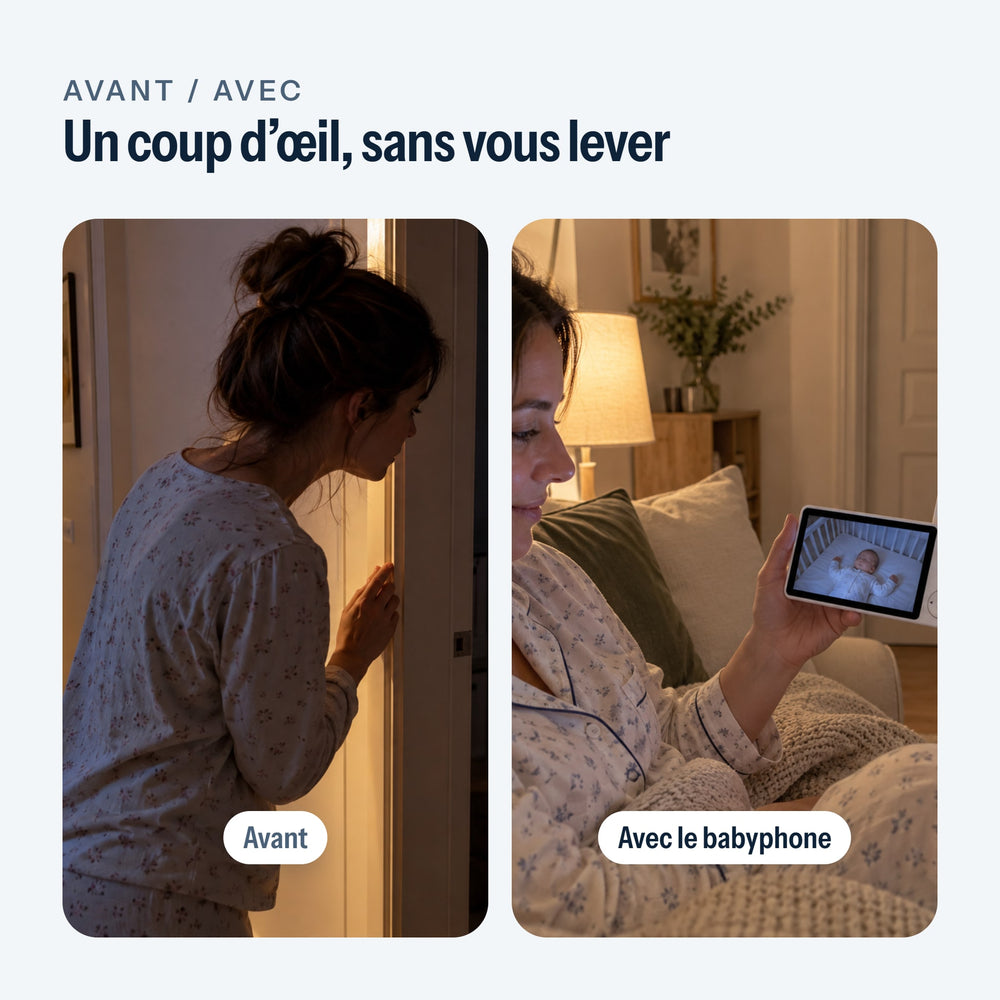 Avant, un parent qui écoute à la porte ; avec, le babyphone à écran au salon