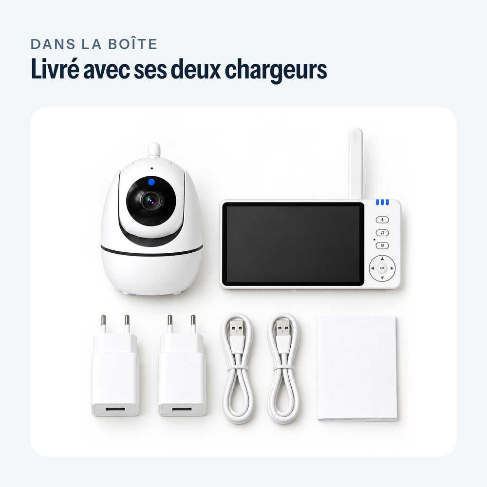 Contenu de la boîte du babyphone à écran, chargeurs compris