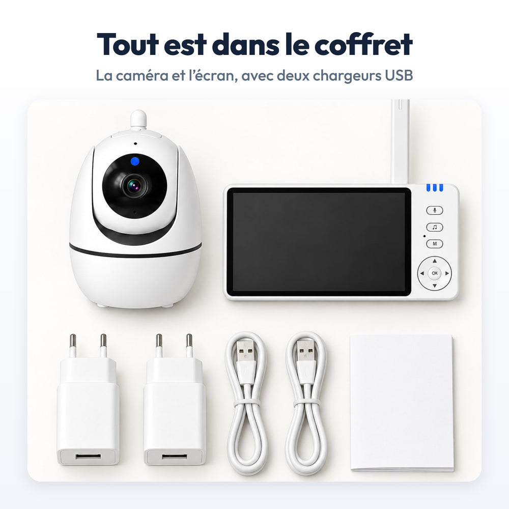 Babyphone Écran Sans Wi-Fi Securidou : contenu du coffret, vu à plat