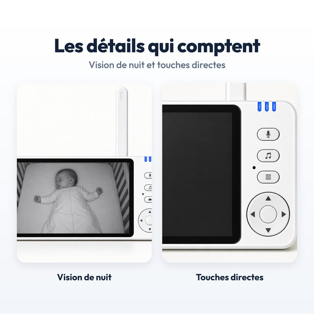 Babyphone Écran Sans Wi-Fi Securidou : gros plans de la vision de nuit et des touches
