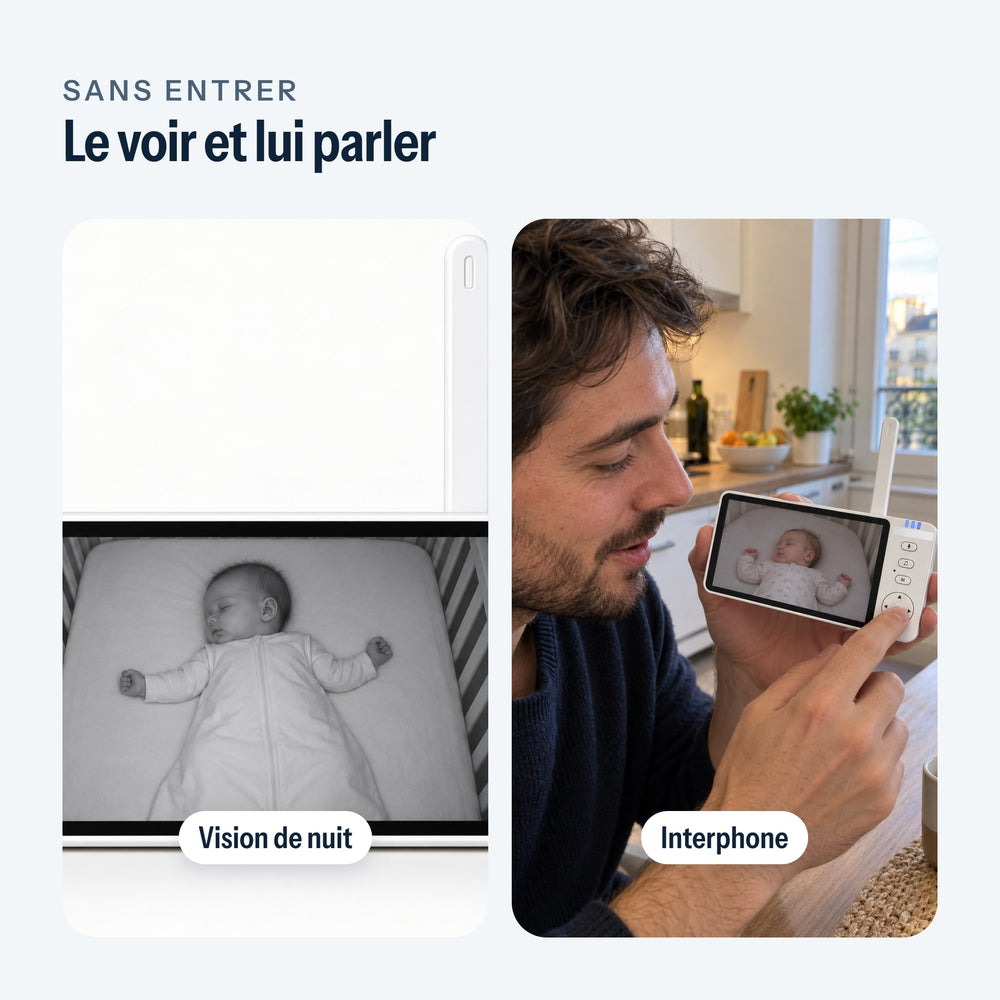 Vision de nuit sur l’écran du babyphone, puis un parent qui parle par l’interphone