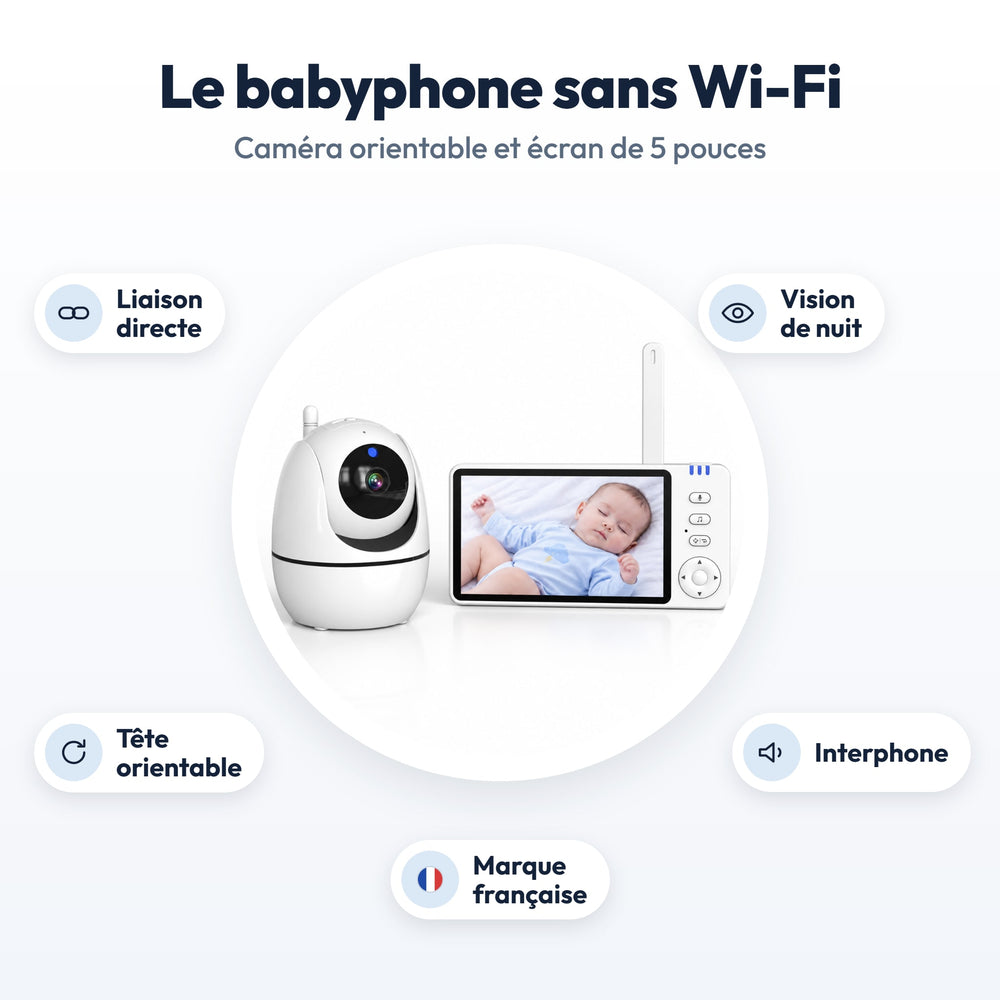 Babyphone à écran sans Wi-Fi Securidou : liaison directe, écran de 5 pouces, tête orientable