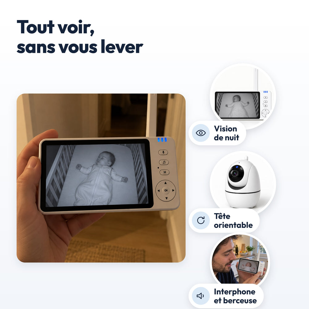 Babyphone à écran sans Wi-Fi Securidou : vision de nuit, tête orientable, interphone