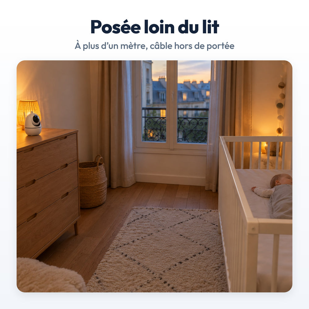 Babyphone Écran Sans Wi-Fi Securidou : caméra posée à distance du lit