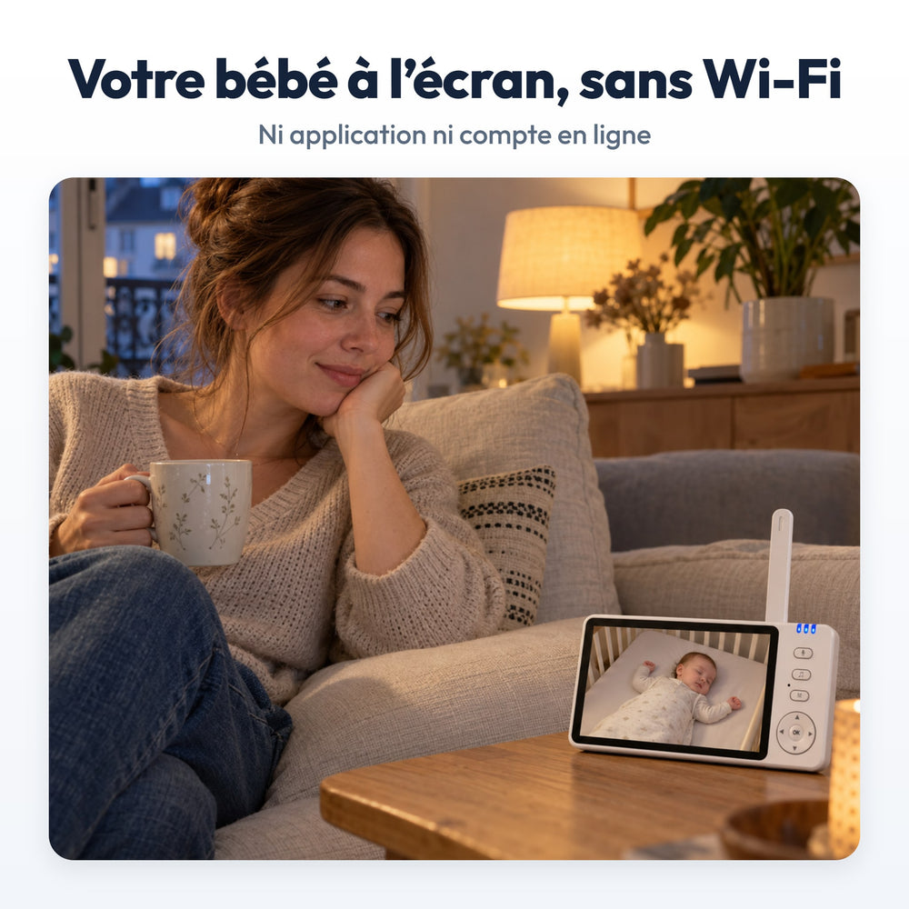 Babyphone Écran Sans Wi-Fi Securidou : en situation, le soir au salon