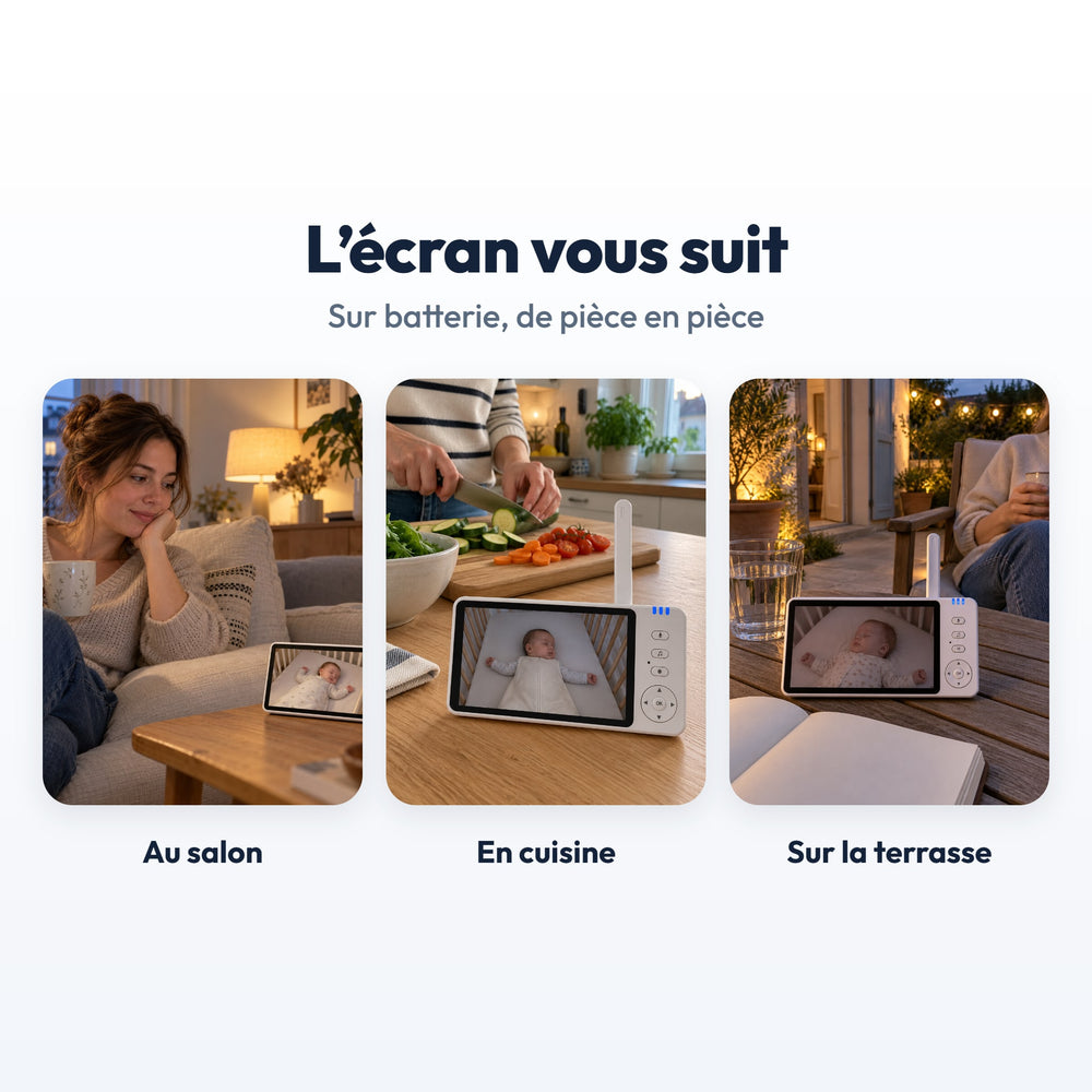 Babyphone Écran Sans Wi-Fi Securidou : écran sur batterie, au salon, en cuisine, sur la terrasse