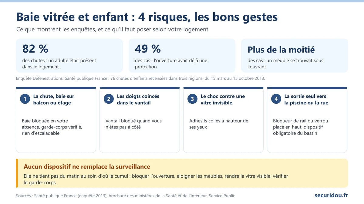 Infographie : les 4 risques d’une baie vitrée pour un jeune enfant, les gestes qui protègent et les chiffres de l’enquête 2013