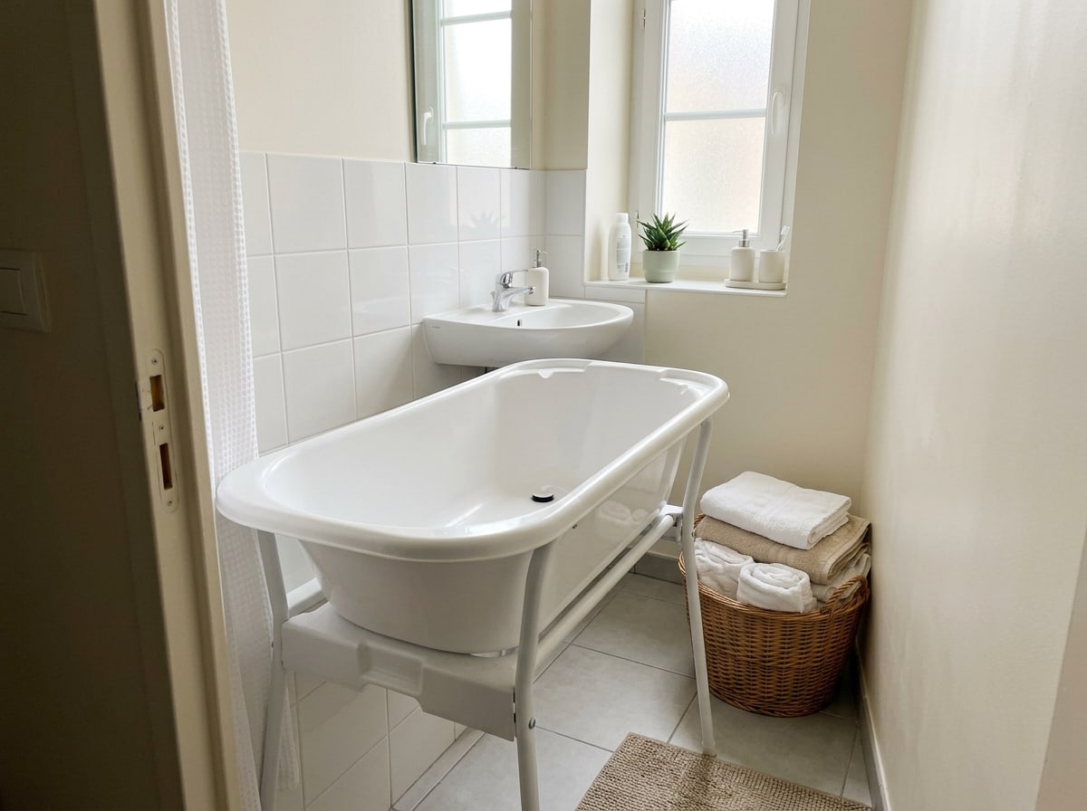 Petite salle de bain encombrée par une baignoire rigide sur son support