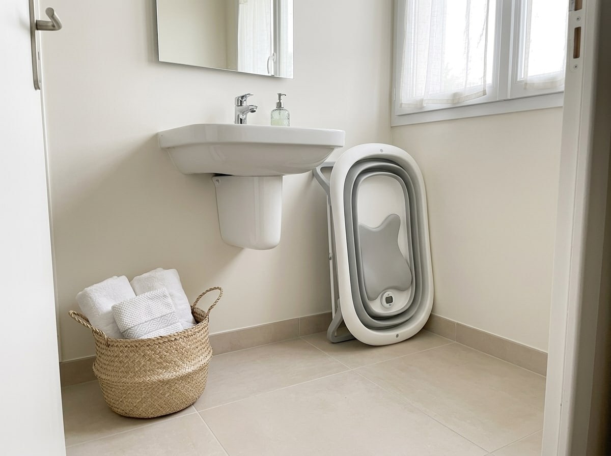 Même salle de bain dégagée, la baignoire pliante rangée à plat contre le mur