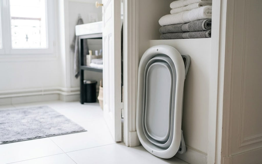 Baignoire pliante Securidou repliée à plat, rangée entre la porte et le mur