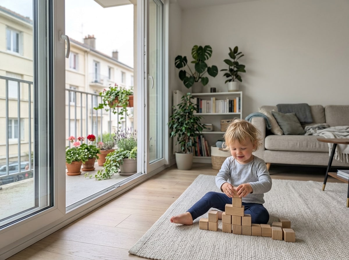 Salon avec une baie vitrée grande ouverte et un enfant qui joue sur le tapis