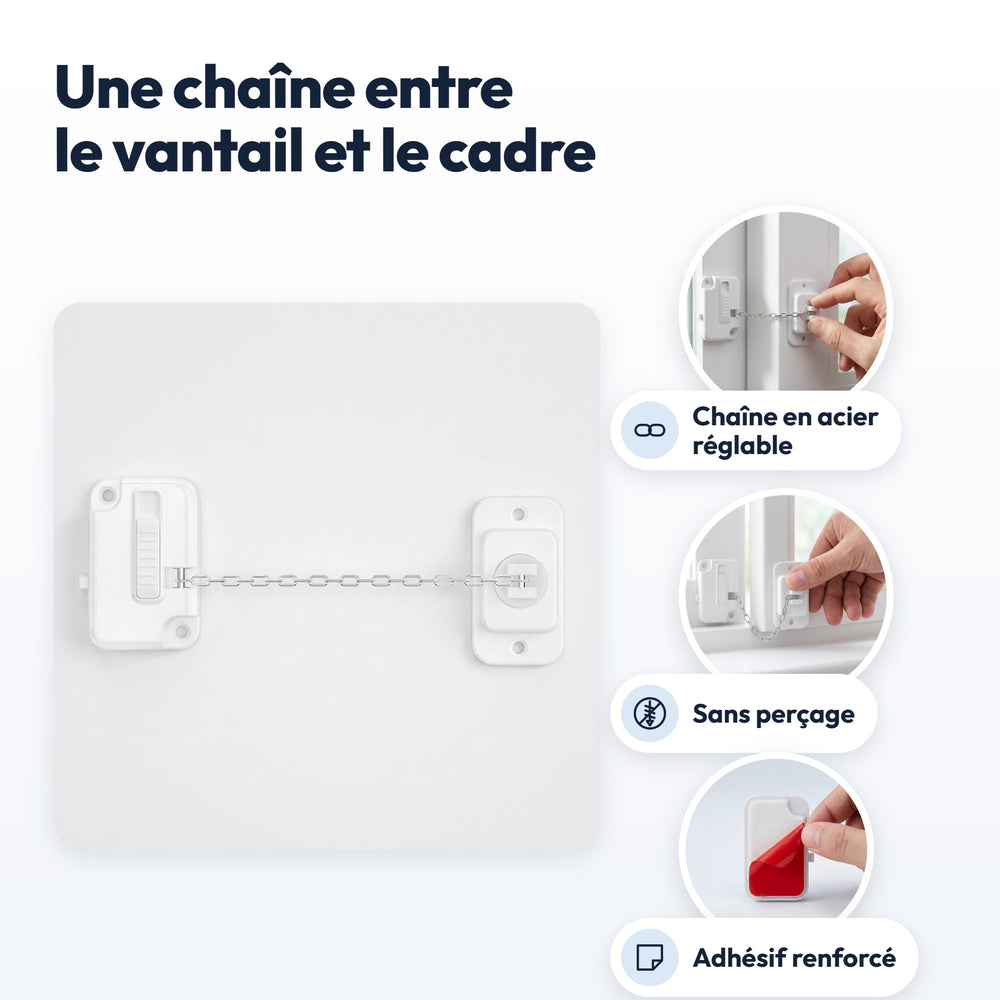 Bloque-fenêtre Securidou de face : chaîne en acier réglable, pose sans perçage, adhésif renforcé