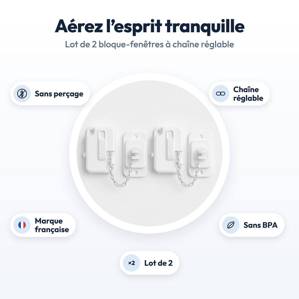 Lot de 2 bloque-fenêtres Securidou : sans perçage, chaîne réglable, marque française, sans BPA