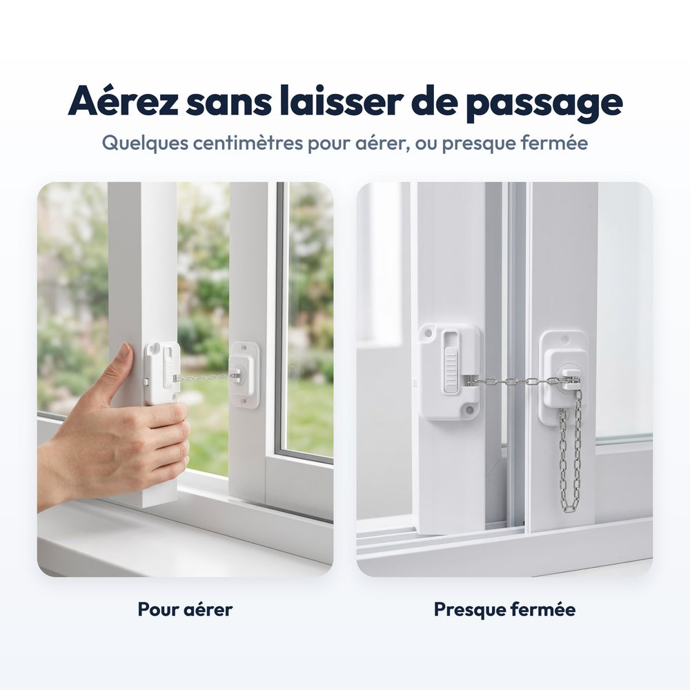 Fenêtre coulissante entrouverte pour aérer, puis presque fermée, avec le bloque-fenêtre Securidou