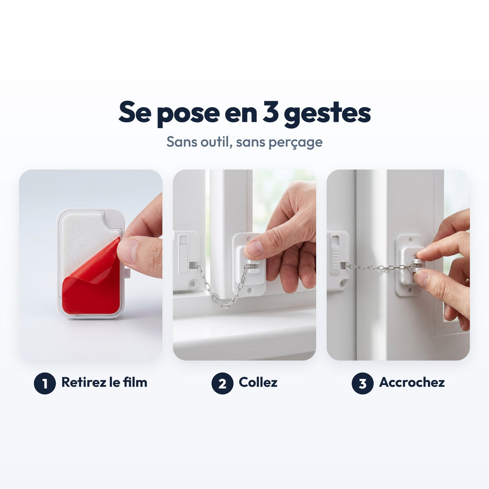 Pose du bloque-fenêtre en 3 gestes : retirer le film, coller, accrocher la chaîne