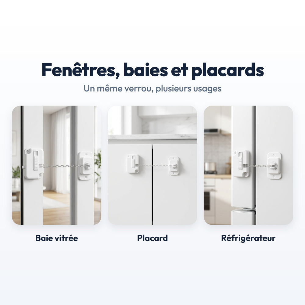 Bloque-fenêtre Securidou sur une baie vitrée, un placard et un réfrigérateur