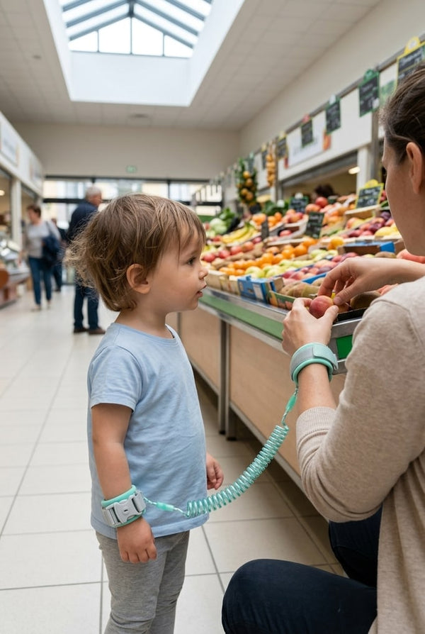 Enfant devant un étal de fruits au marché, relié à son parent par le bracelet anti-perte