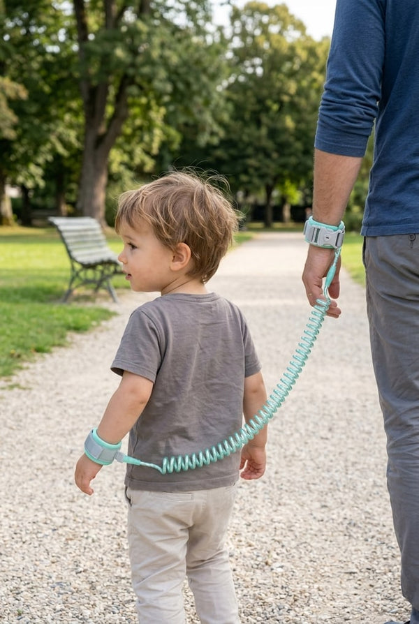 Enfant sur une allée de parc, relié au poignet de son parent par le lien spiralé