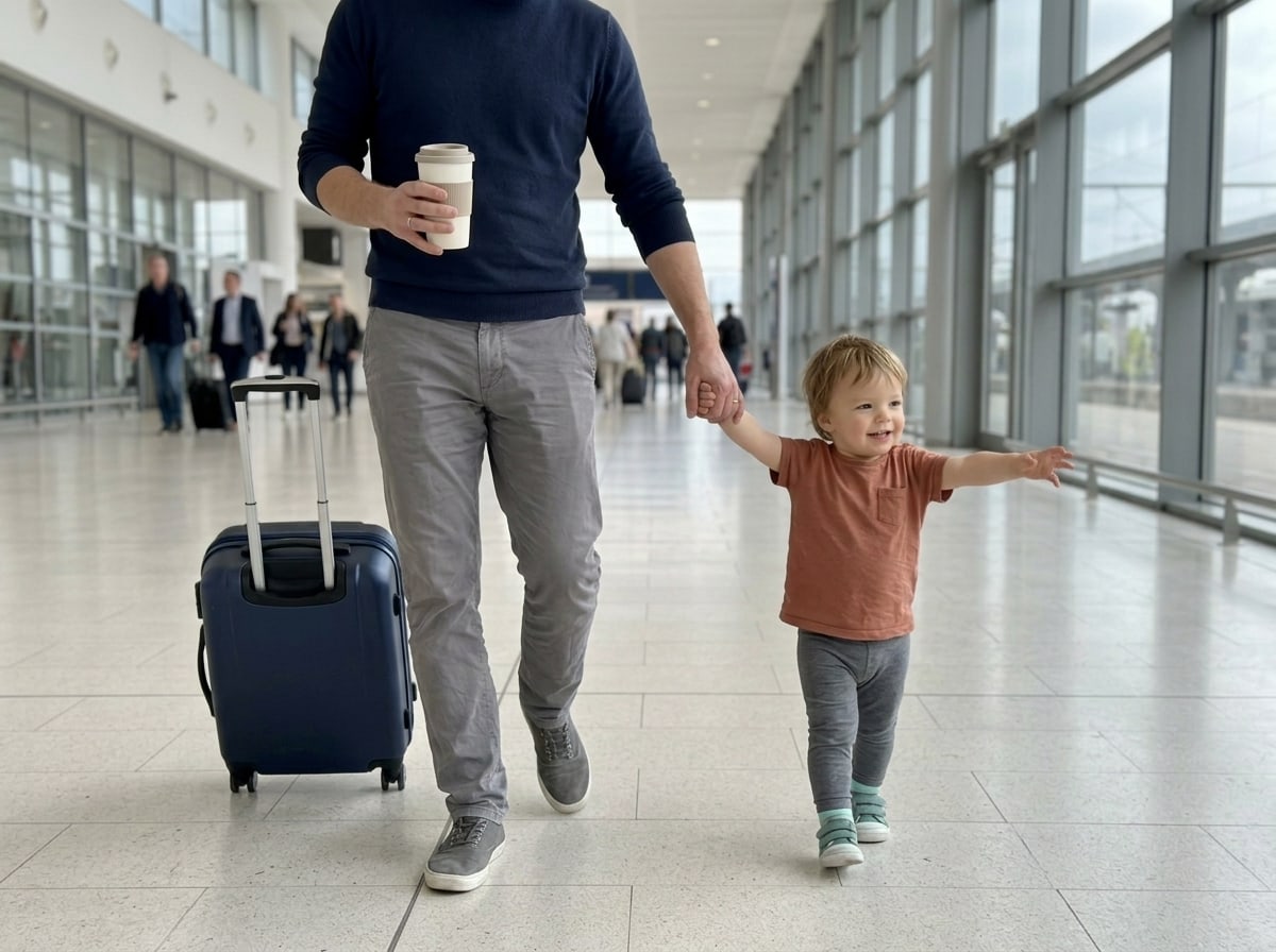 Parent en gare, une valise et un café en main, qui retient son enfant par la main