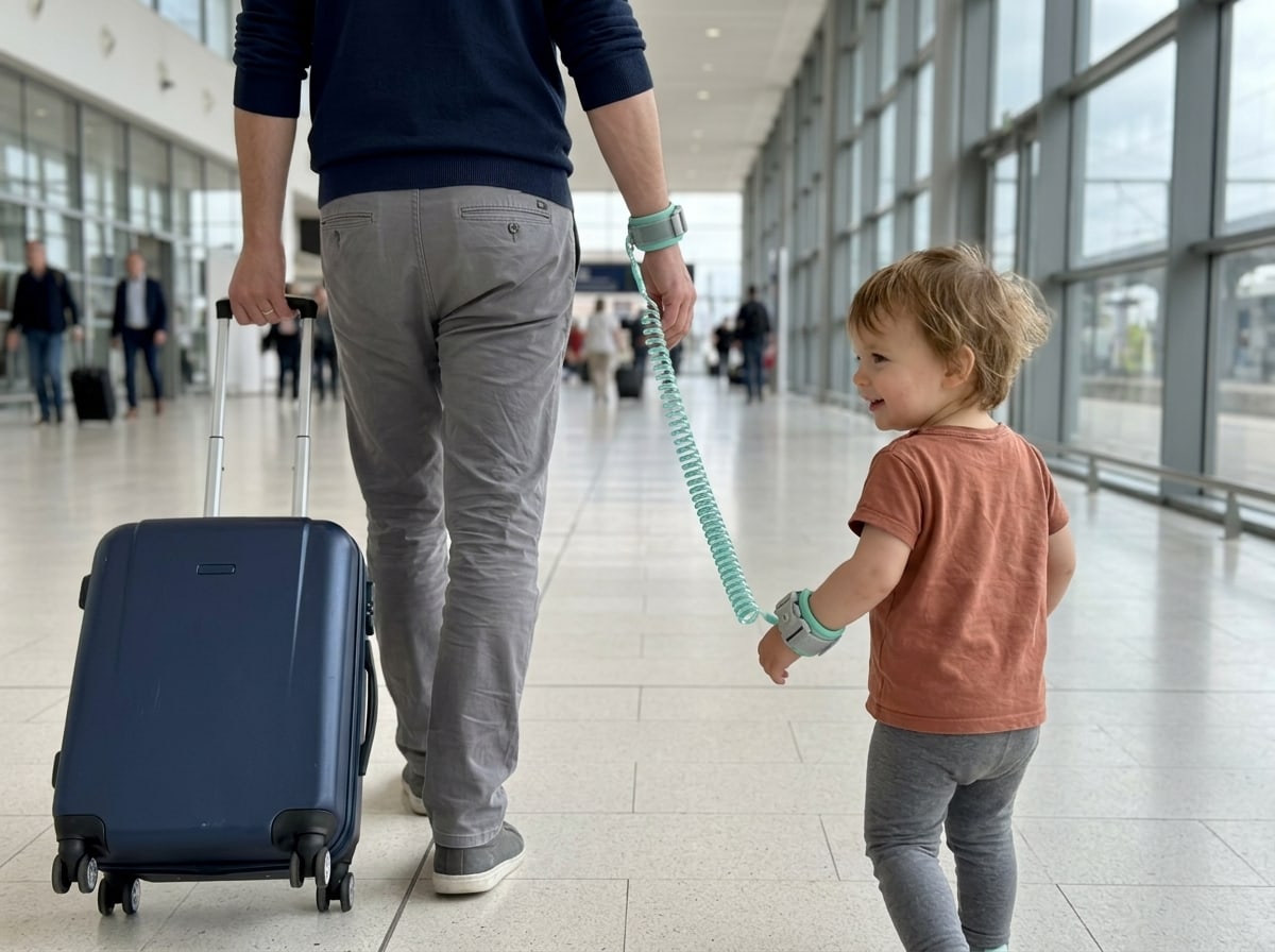 Parent en gare avec sa valise, son enfant relié à son poignet par le bracelet anti-perte