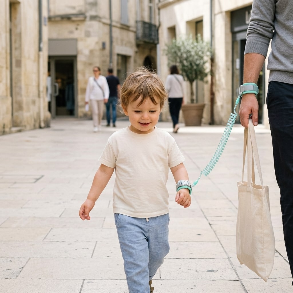 Enfant qui marche devant son parent sur une place, relié par le bracelet anti-perte Securidou