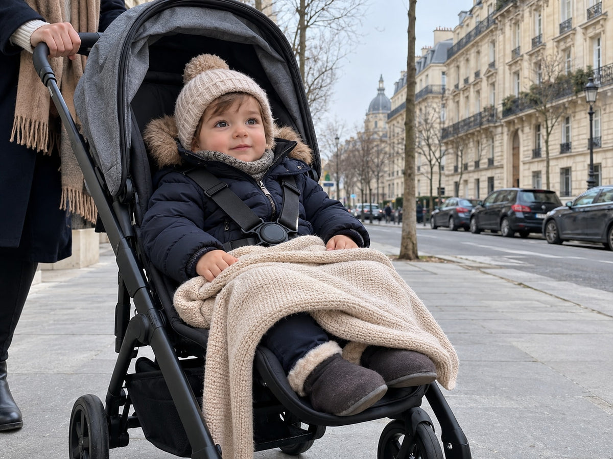Couverture qui glisse des jambes d’un bébé en poussette et pend vers les roues