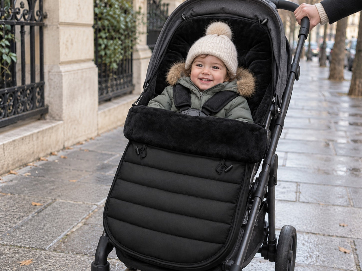 Bébé en poussette dans la chancelière noire Securidou, rabat fermé sur ses jambes
