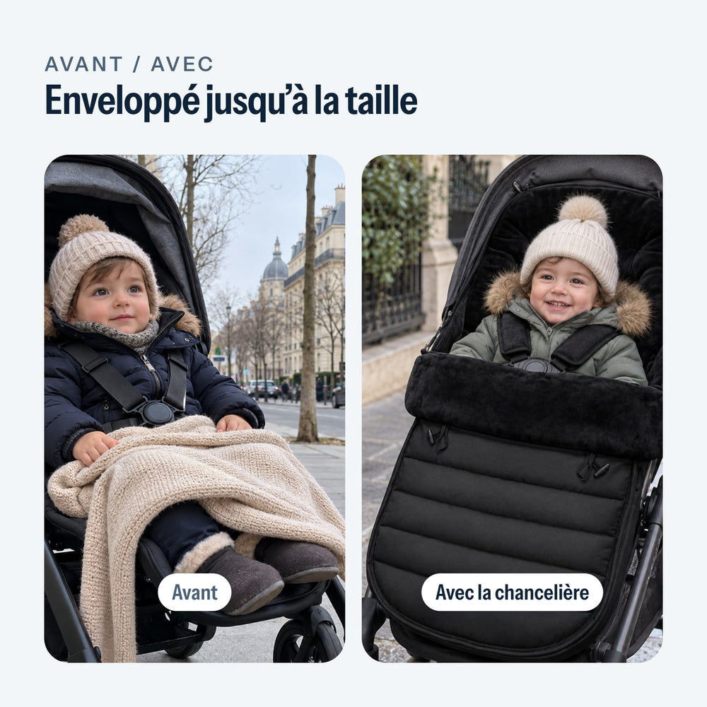 Avant, une couverture qui glisse ; avec, le bébé enveloppé dans la chancelière