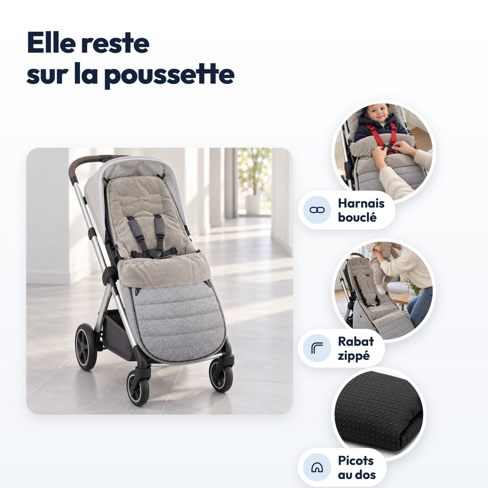 Chancelière Securidou installée sur une poussette : harnais bouclé, rabat zippé, picots au dos