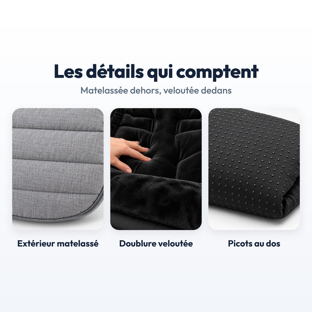 Chancelière Poussette Hiver Securidou : gros plans du matelassage, de la doublure et des picots