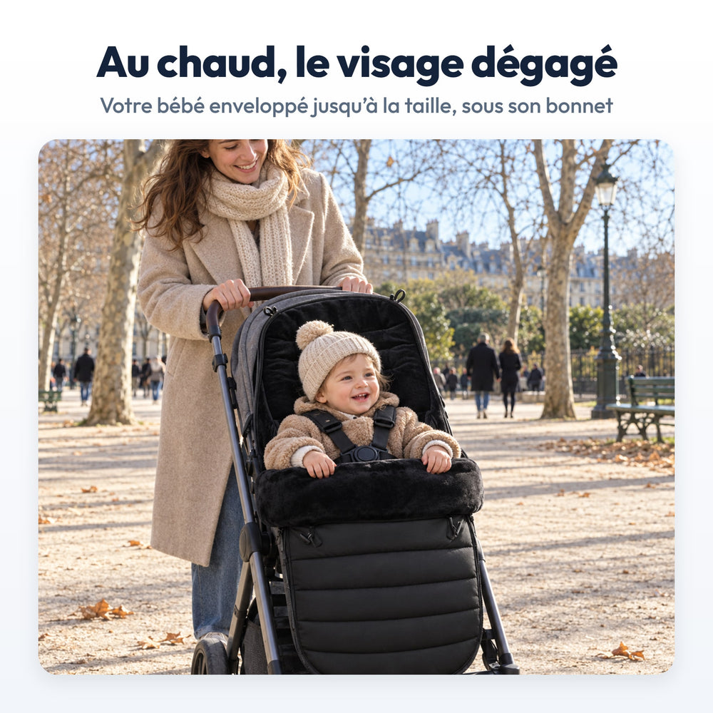 Chancelière Poussette Hiver Securidou : bébé au chaud en promenade, visage dégagé