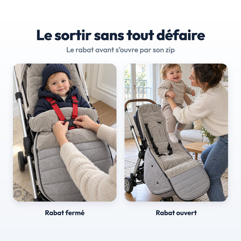 Chancelière Securidou : rabat avant ouvert par son zip pour sortir bébé