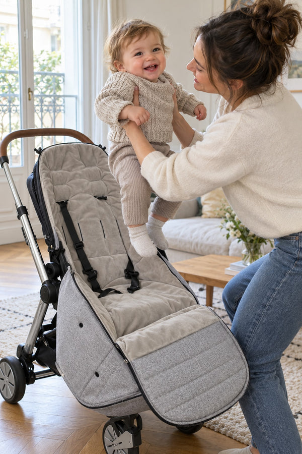 Parent qui ouvre le rabat zippé de la chancelière Securidou pour sortir son bébé de la poussette