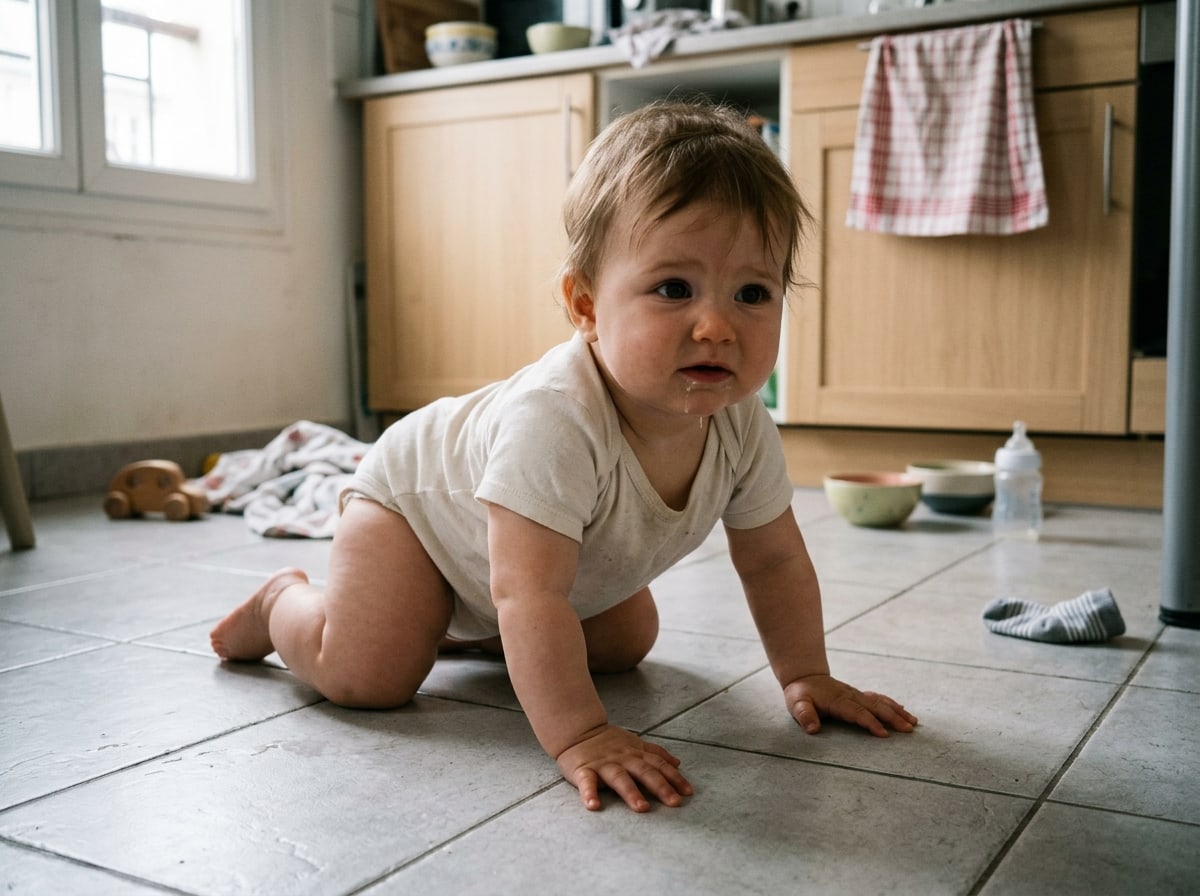 Bébé à quatre pattes, genoux nus, sur le carrelage d’une cuisine