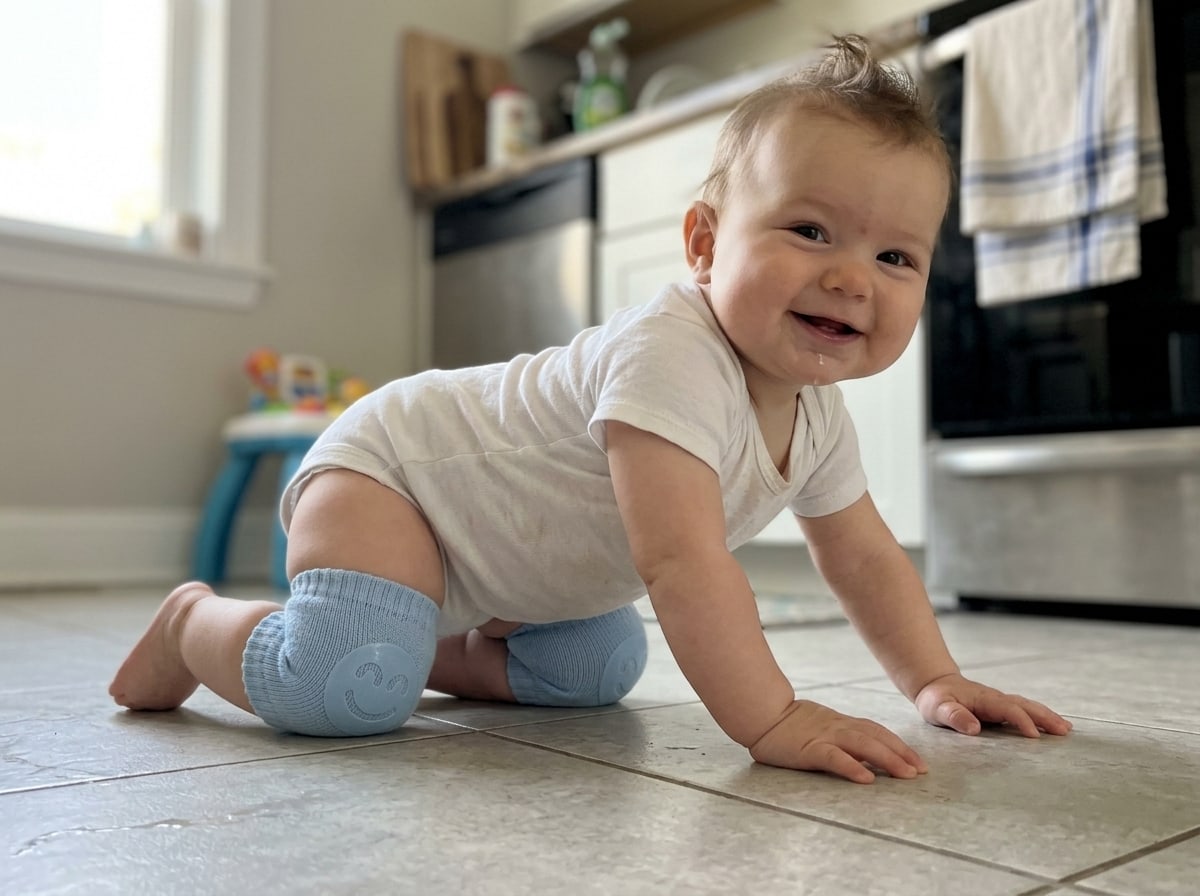 Bébé à quatre pattes sur le carrelage avec des genouillères bleues