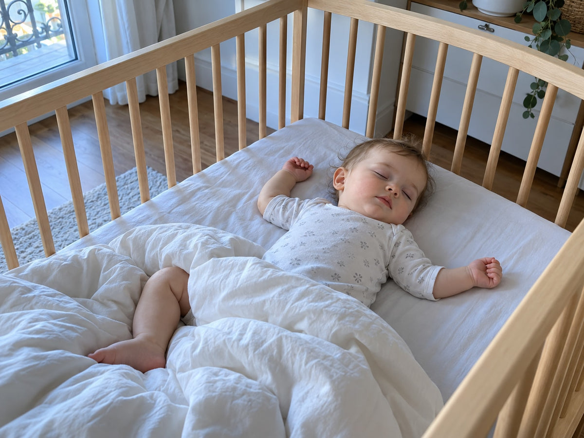 Bébé endormi découvert, la couette repoussée au pied du lit