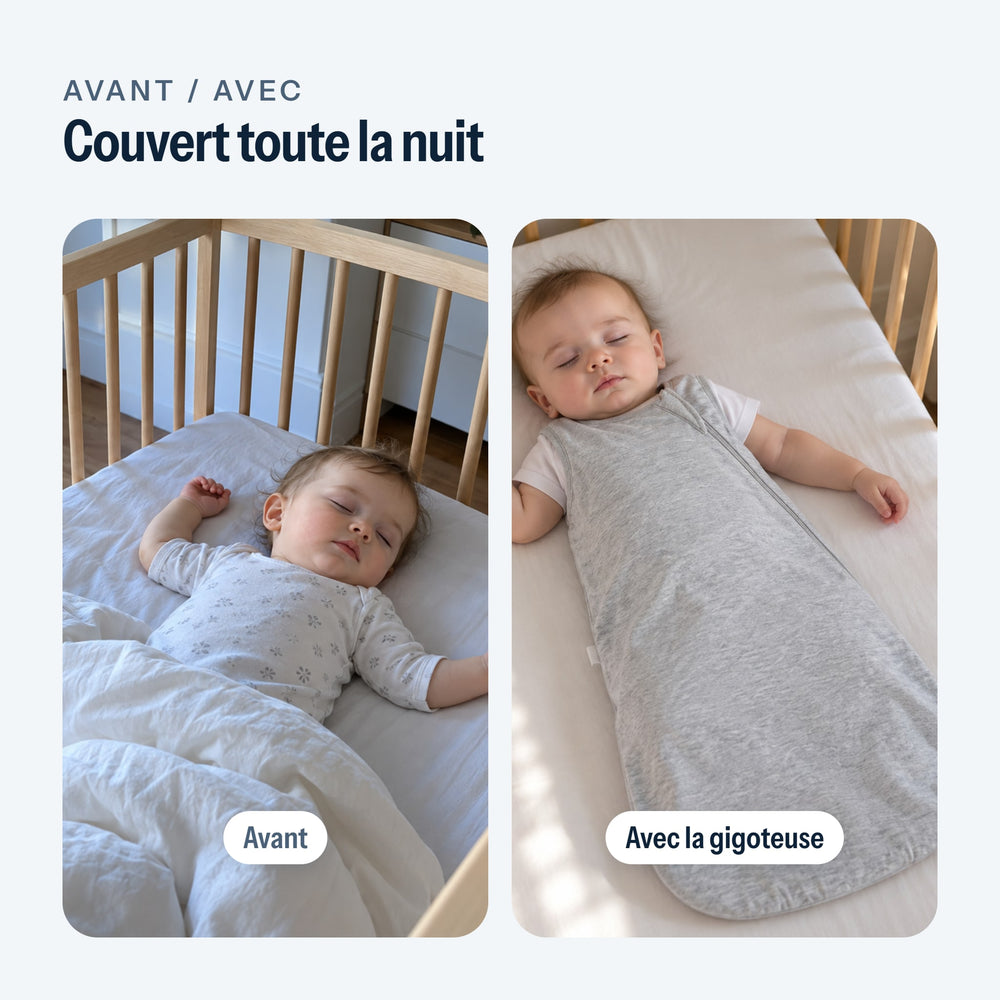 Avant, la couette repoussée au pied du lit ; avec, le bébé couvert par sa gigoteuse