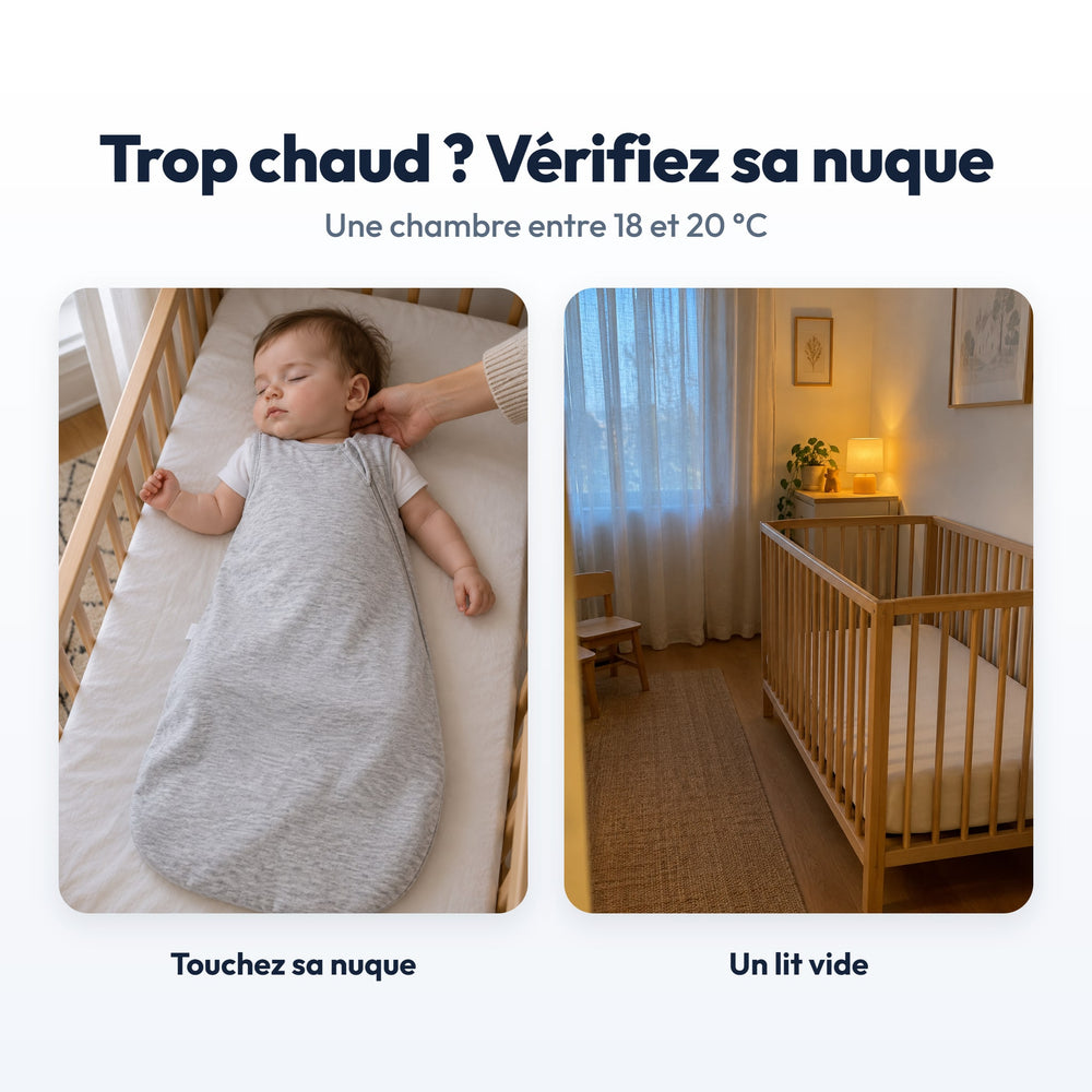 Gigoteuse Bambou Sans Manches Securidou : chambre entre 18 et 20 °C, chaleur vérifiée à la nuque