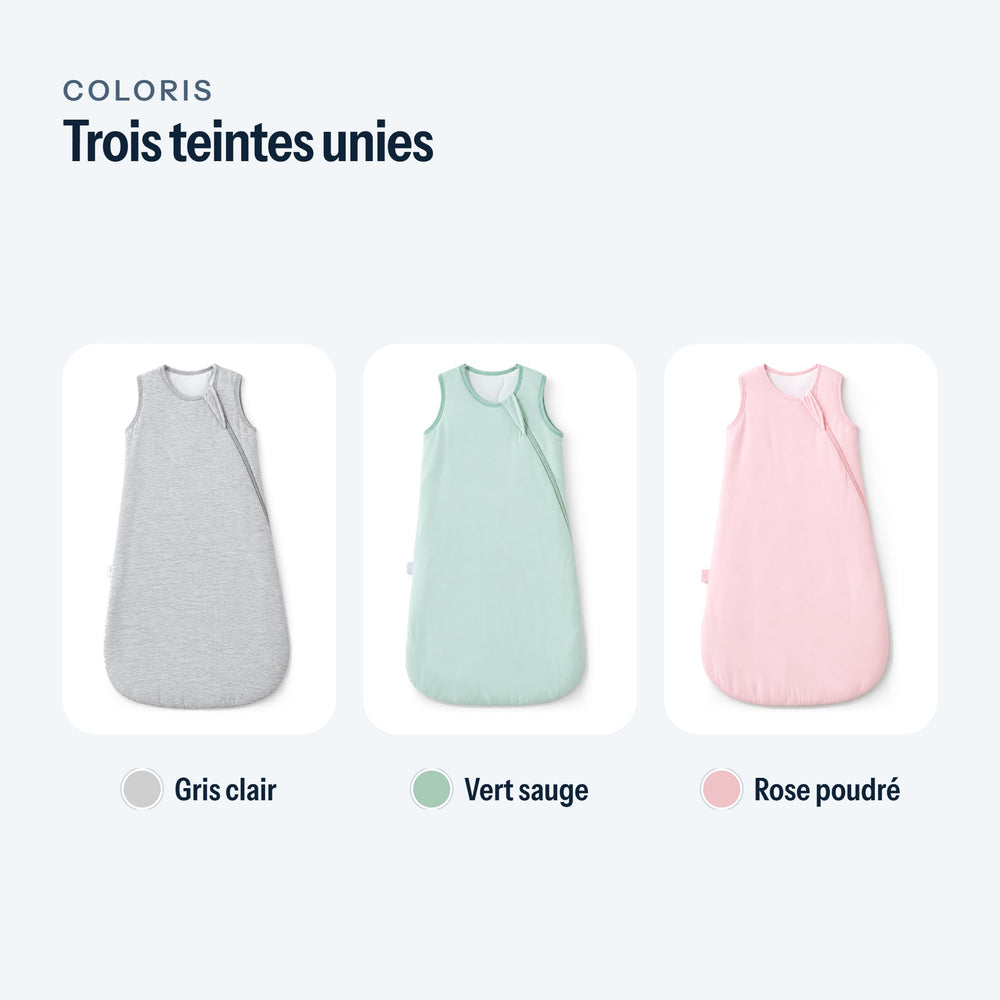 Les trois coloris de la gigoteuse : gris clair, vert sauge, rose poudré