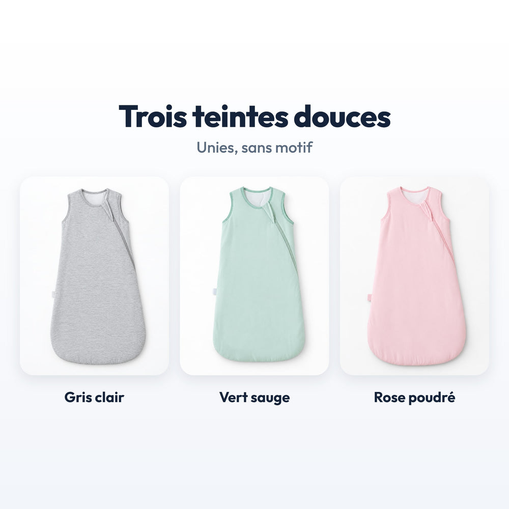 Gigoteuse sans manches Securidou en trois teintes : gris clair, vert sauge, rose poudré