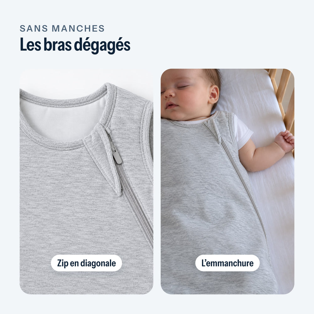 Zip en diagonale de la gigoteuse, puis l’emmanchure portée par un bébé endormi