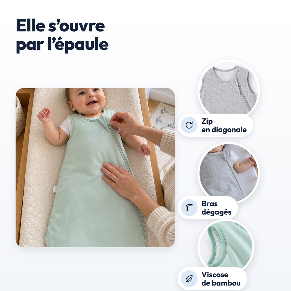 Gigoteuse Bambou Sans Manches Securidou : zip en diagonale qui s’ouvre par l’épaule, bras dégagés