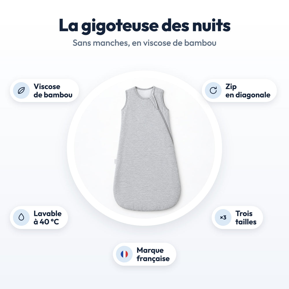 Gigoteuse sans manches Securidou : viscose de bambou, zip en diagonale, lavable à 40 °C