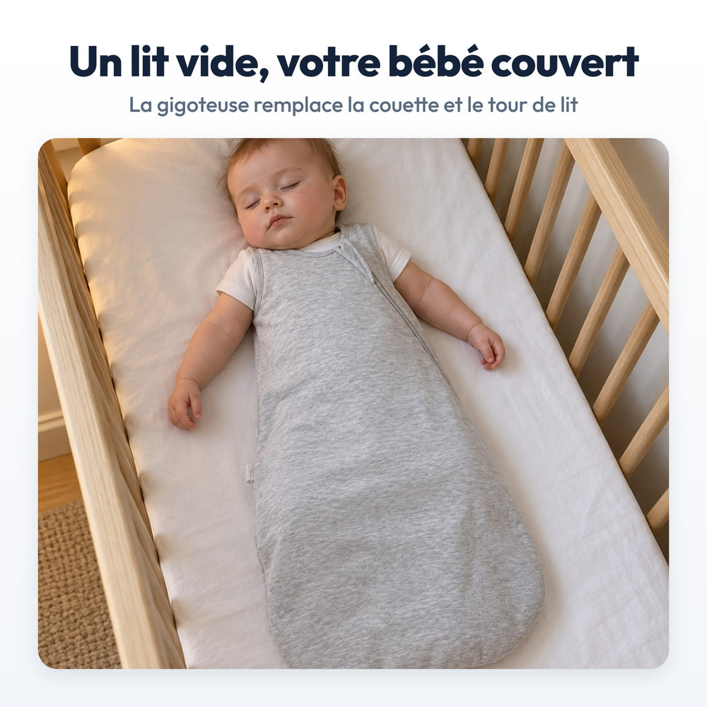 Gigoteuse Bambou Sans Manches Securidou : bébé endormi sur le dos dans un lit vide